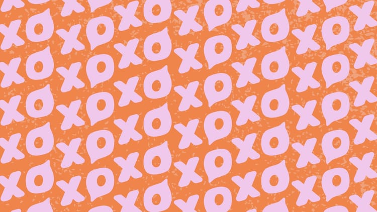Pink tessellated x's and o's on an orange background