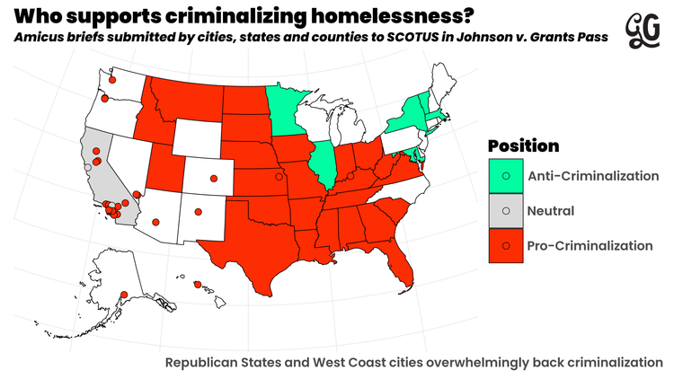 Map shows states and cities that support and oppose criminalizing homelessness